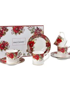 Grace Teaware Poinsettia Porcelain Teacup and Saucer Set - Red